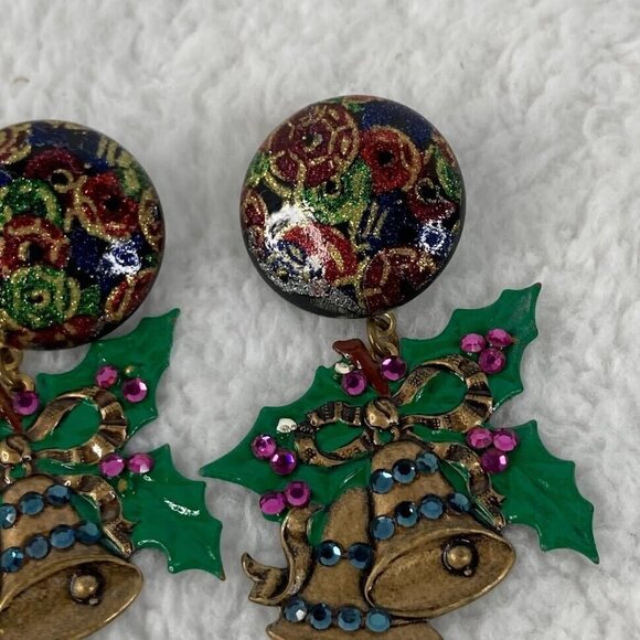 Vintage Christmas Bells Pierced Earrings 2.5"  Button Studs Dangle Rhinestones - Picture 5 of 10